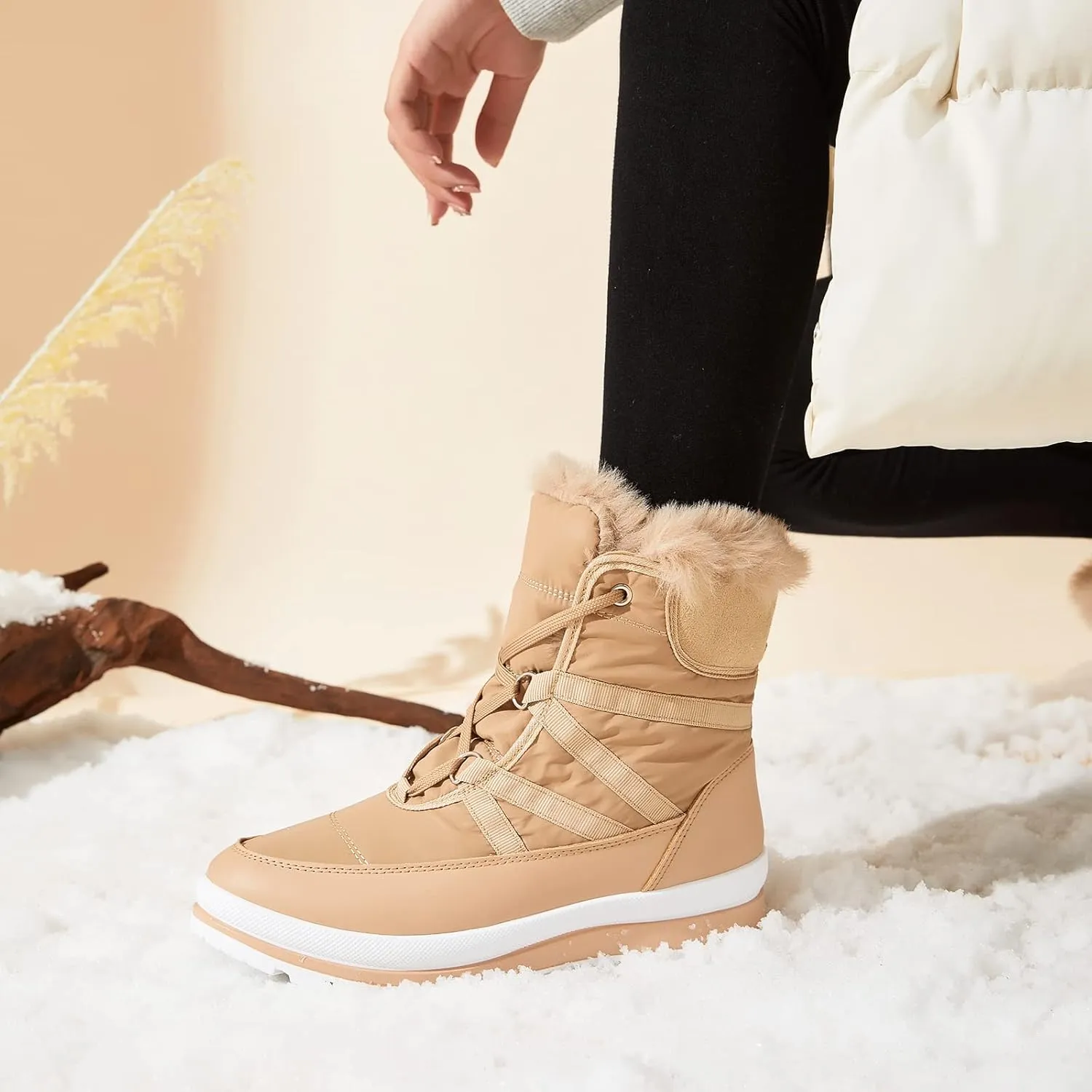 BABUDOG Womens Warm Fur Lined Mid-Calf Boots Waterproof Winter Snow Boots Non-slip Lace up Combat Boots