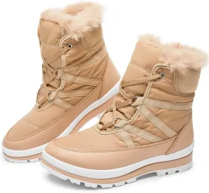 BABUDOG Womens Warm Fur Lined Mid-Calf Boots Waterproof Winter Snow Boots Non-slip Lace up Combat Boots