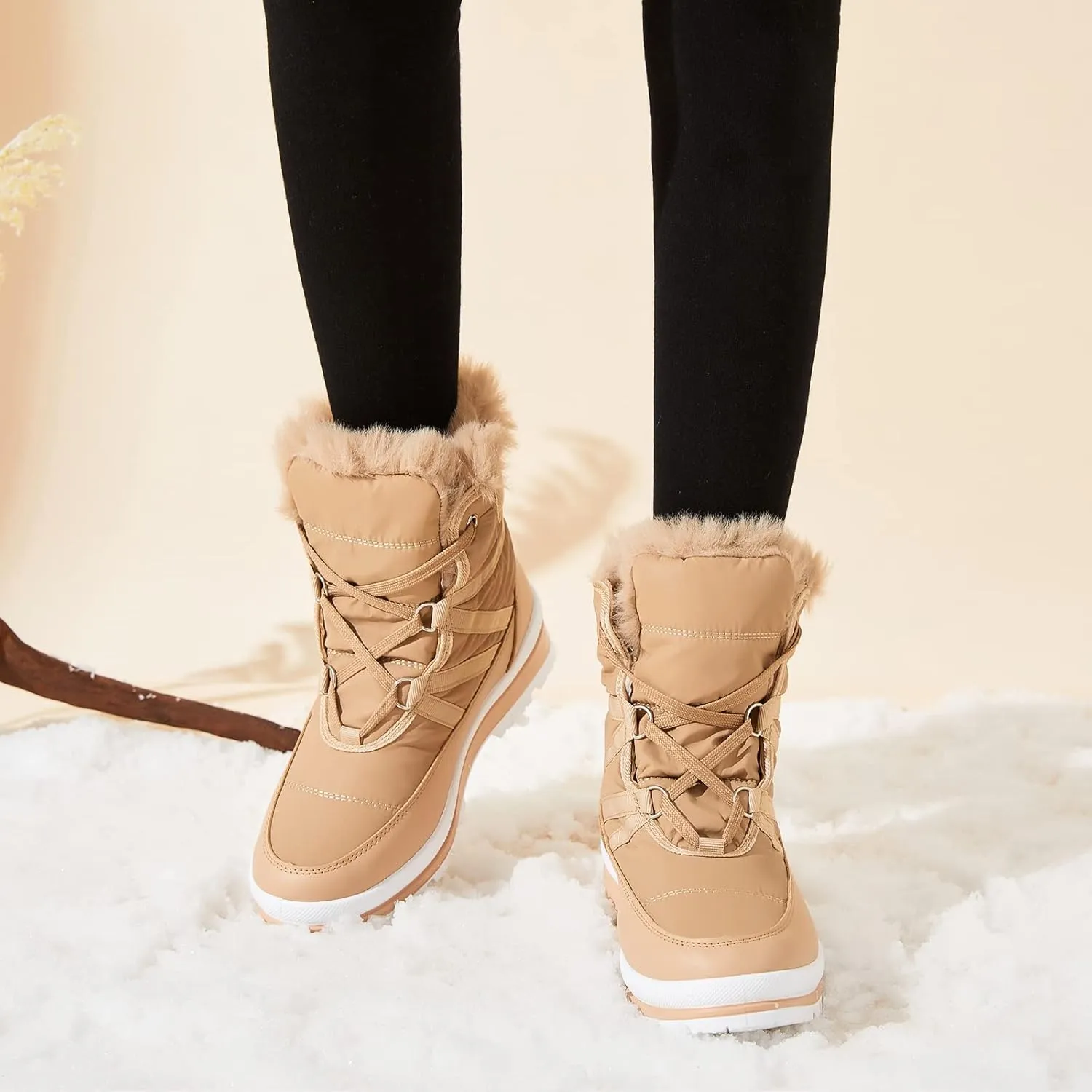 BABUDOG Womens Warm Fur Lined Mid-Calf Boots Waterproof Winter Snow Boots Non-slip Lace up Combat Boots