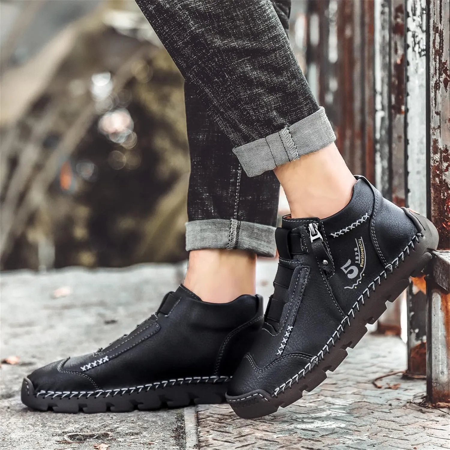 Black Leather Shoes for Men Casual Ankle Lace up Boots Slip on Lightweight Loafers Mid Top Walking Sneakers
