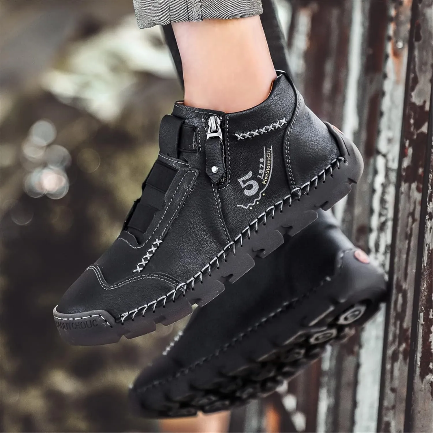 Black Leather Shoes for Men Casual Ankle Lace up Boots Slip on Lightweight Loafers Mid Top Walking Sneakers