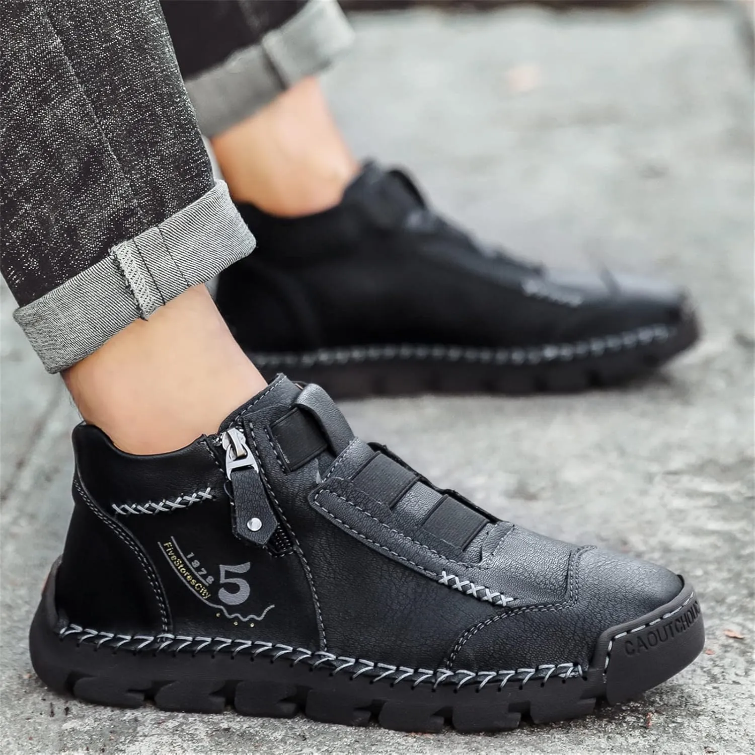 Black Leather Shoes for Men Casual Ankle Lace up Boots Slip on Lightweight Loafers Mid Top Walking Sneakers