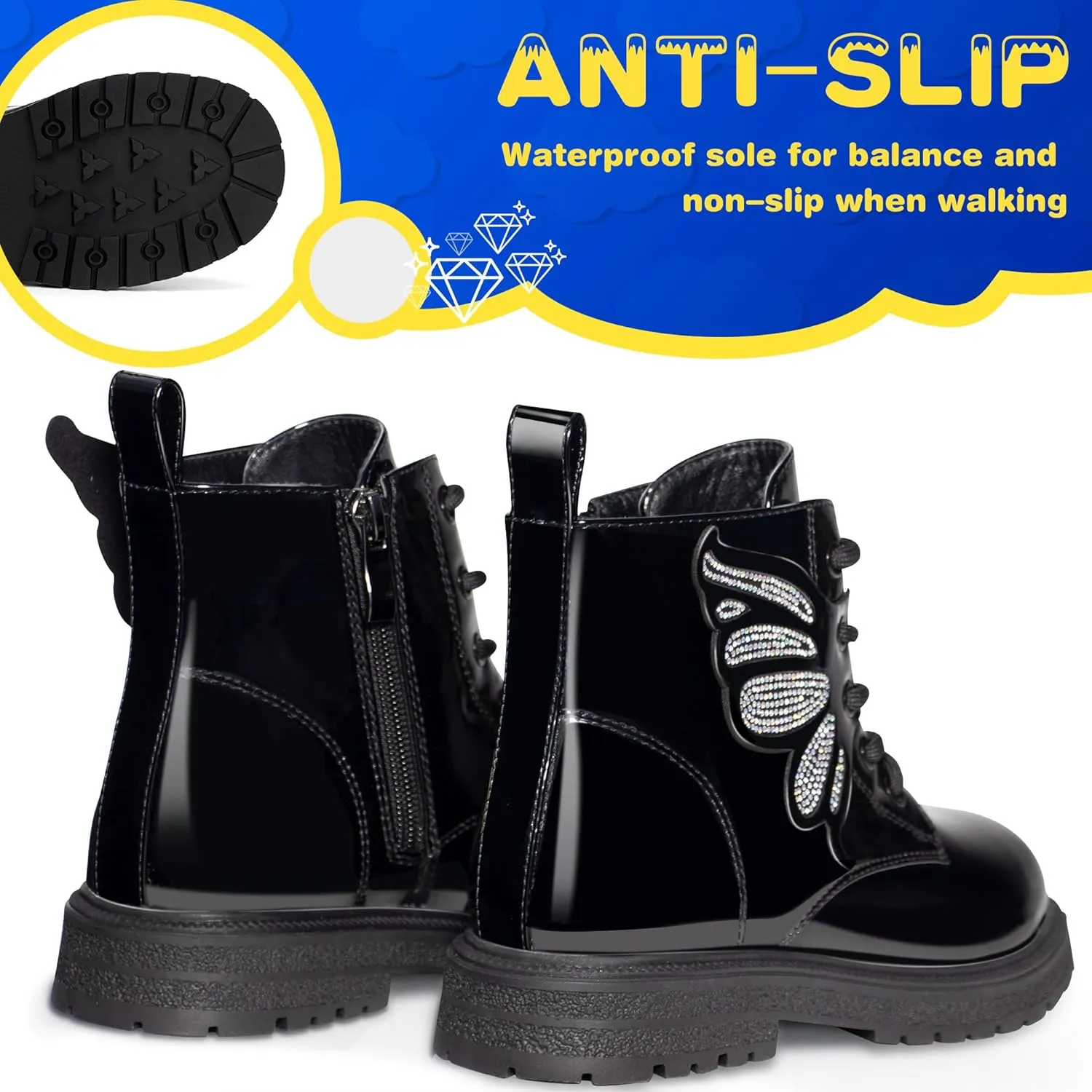 Boys Girls Combat Boots Fashion Rhinestone Wings Side Zipper Waterproof Comfortable Dress Combat Boots