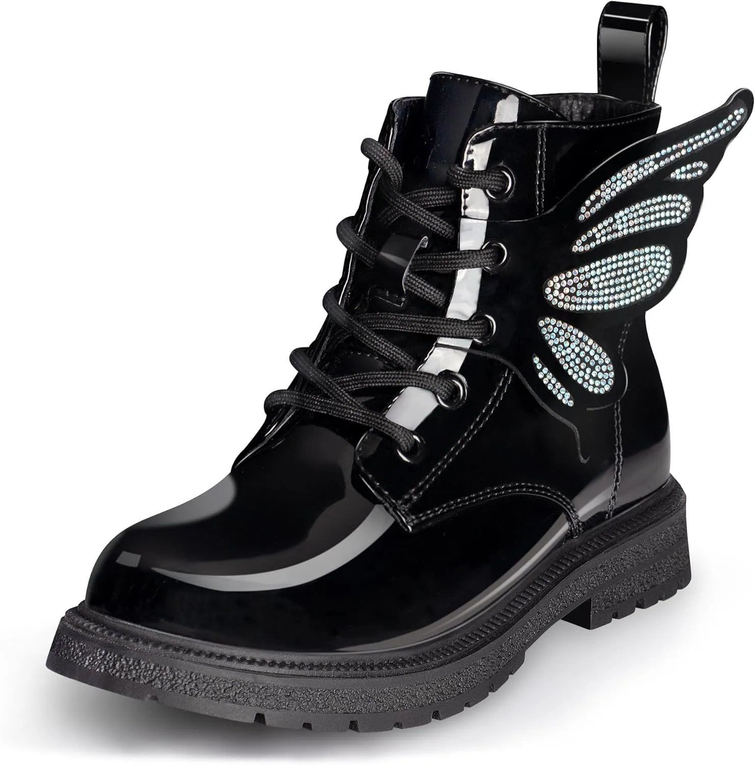 Boys Girls Combat Boots Fashion Rhinestone Wings Side Zipper Waterproof Comfortable Dress Combat Boots