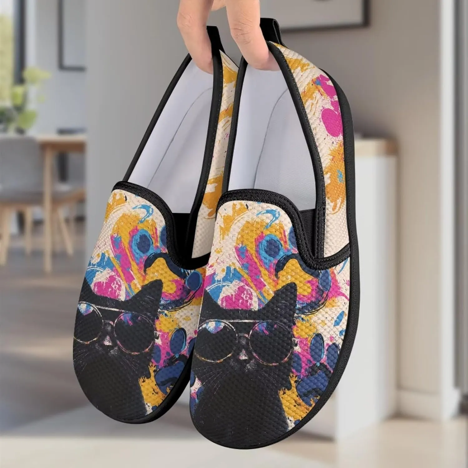 Cat Print Flat Shoes for Women Mesh Slip On Low Top Sneakers Fashion Breathable Casual Loafers for Work