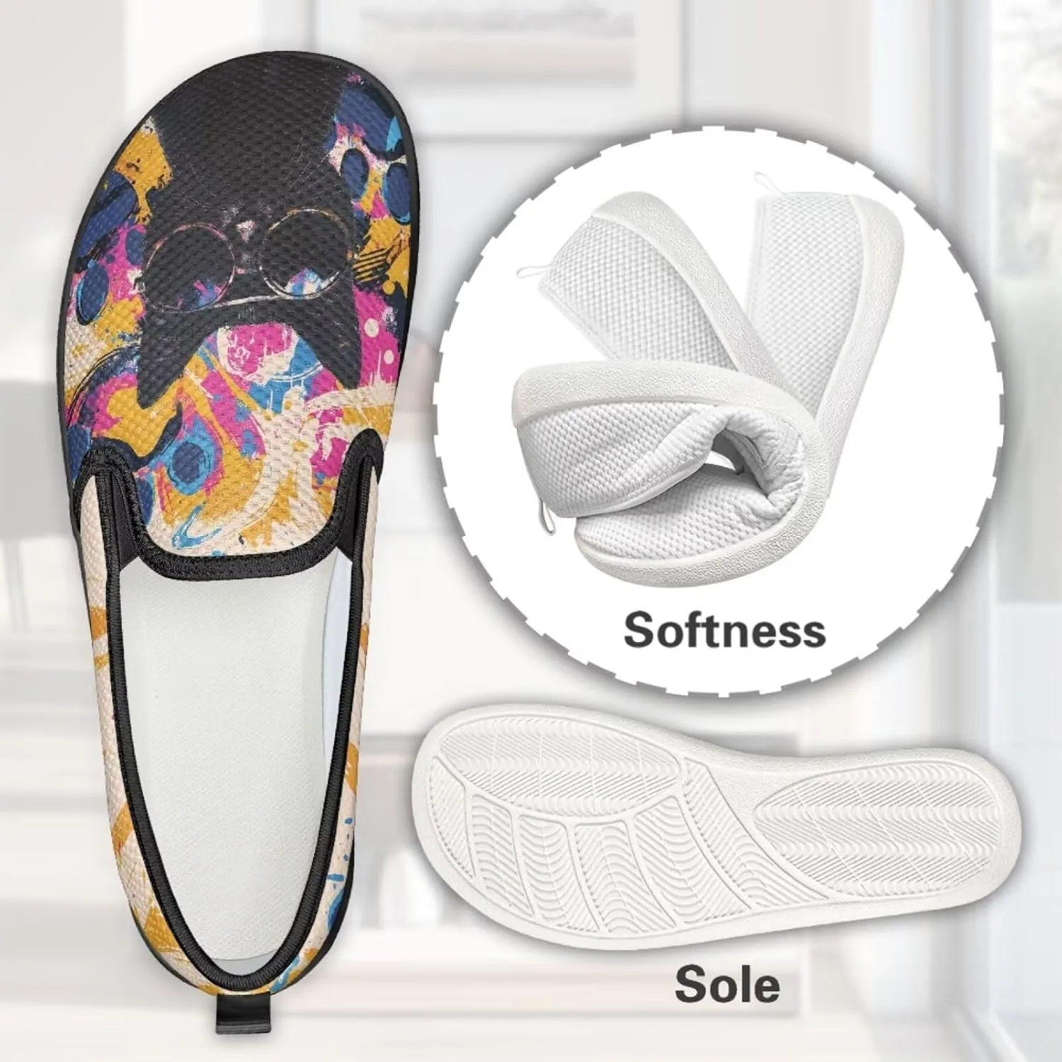 Cat Print Flat Shoes for Women Mesh Slip On Low Top Sneakers Fashion Breathable Casual Loafers for Work