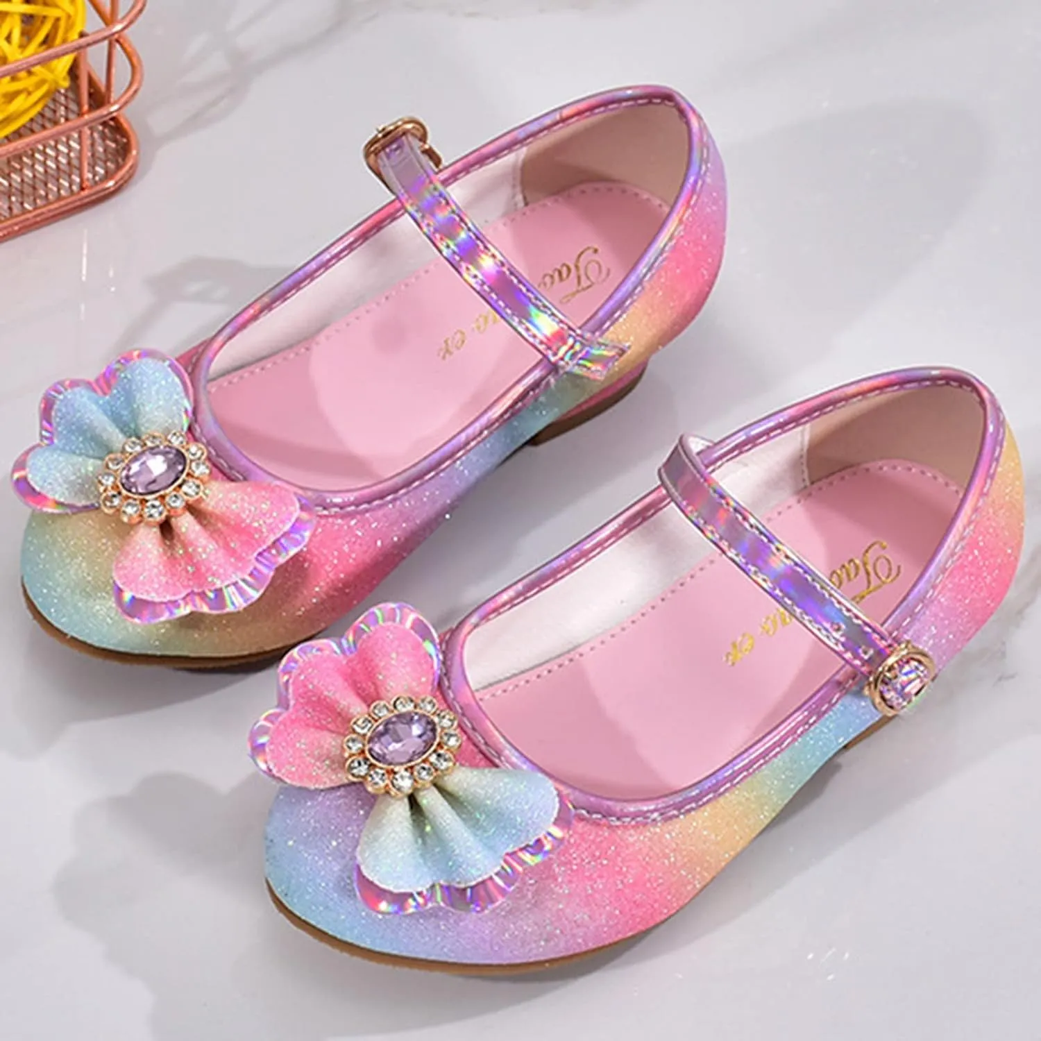 Colorful Bowknot Shiny Dress Shoes for Girls Kids Sparkly Ballet Flats Princess Rainbow School Wedding Party Shoes