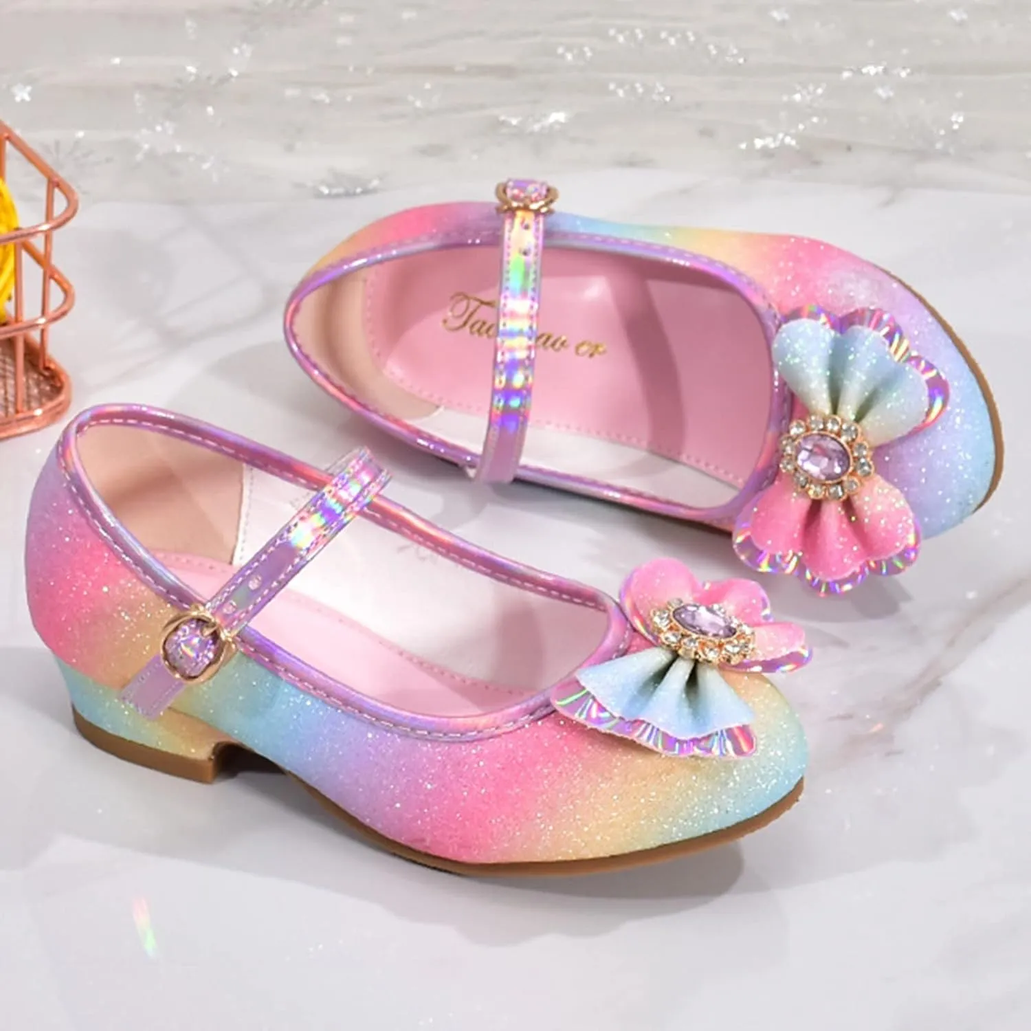 Colorful Bowknot Shiny Dress Shoes for Girls Kids Sparkly Ballet Flats Princess Rainbow School Wedding Party Shoes