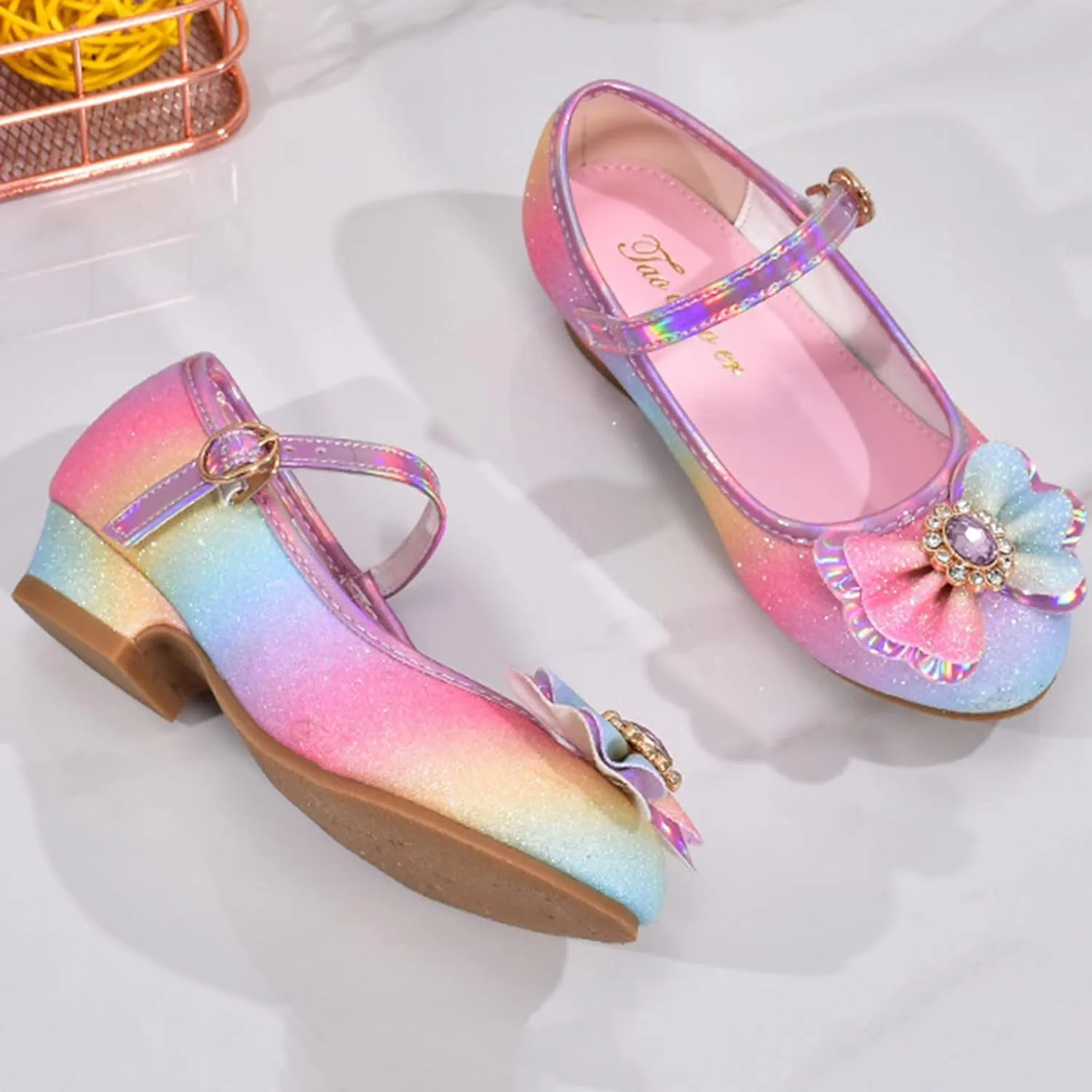 Colorful Bowknot Shiny Dress Shoes for Girls Kids Sparkly Ballet Flats Princess Rainbow School Wedding Party Shoes