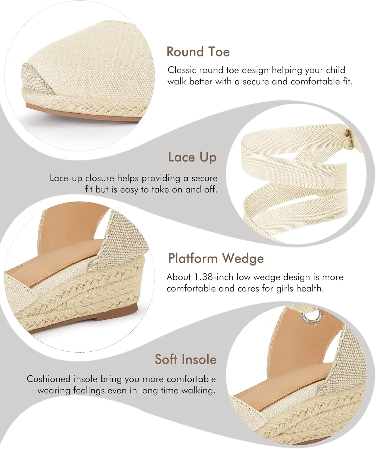 Coutgo Girls Espadrille Platform Wedge Sandals Closed Toe Lace Up Ankle Strap Summer Shoes Toddler Little Big Kid