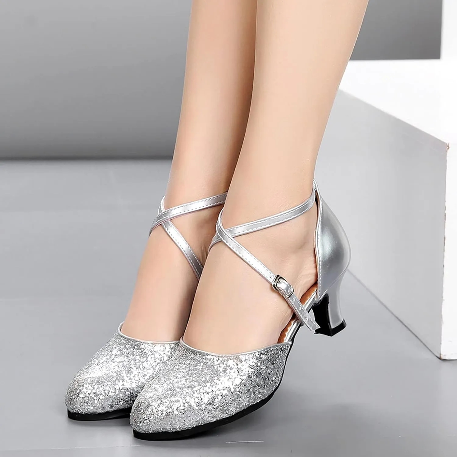 CsgrFagr Women Rhinestone Ballroom Dance Shoes Latin Salsa Performance Dance Shoes Denim Sandals for Women Size 10 (Silver, 6.5)
