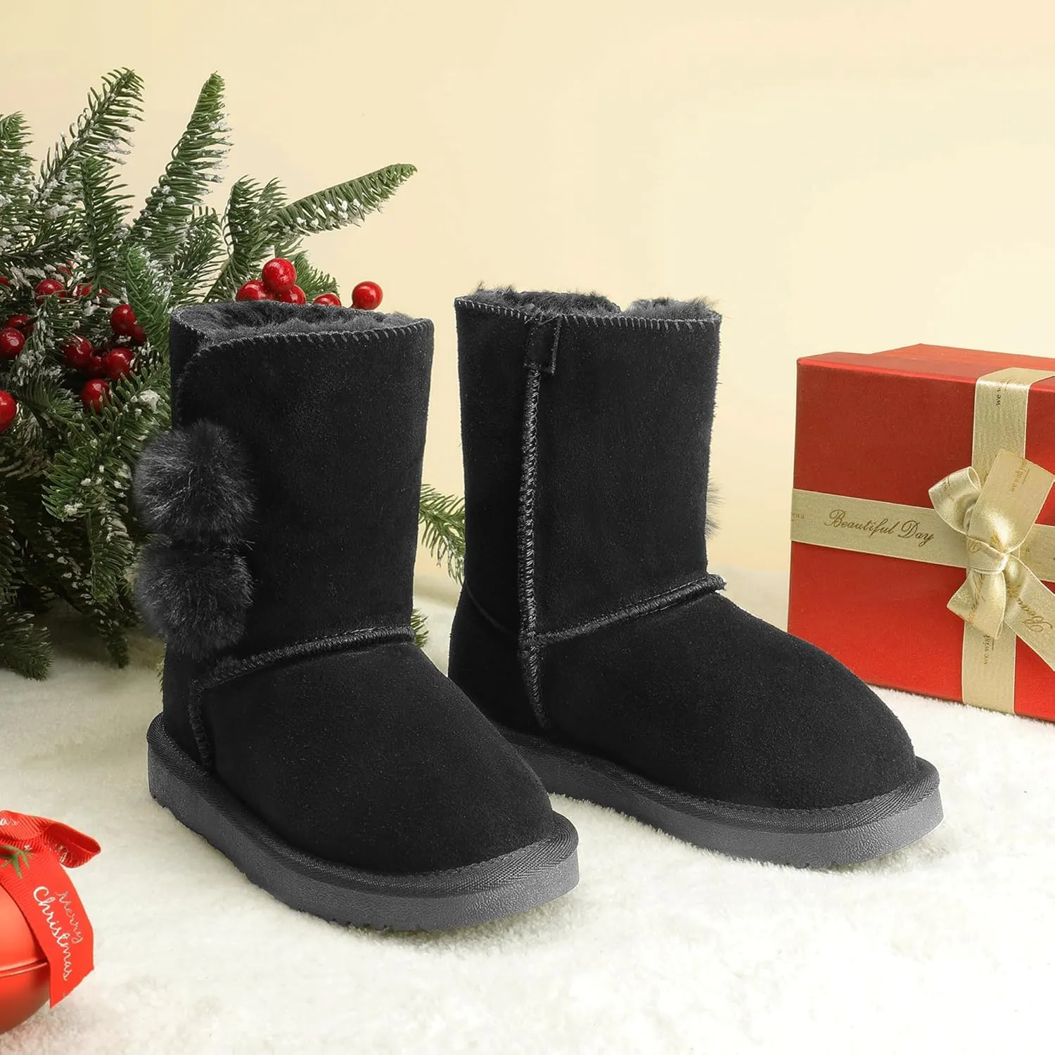 DREAM PAIRS Girls Boots Kids Boys Winter Snow Suede Mid Calf Boots Faux Fur Lined FuzzyChic Kid's Lolly for Little Kid/Big Kid