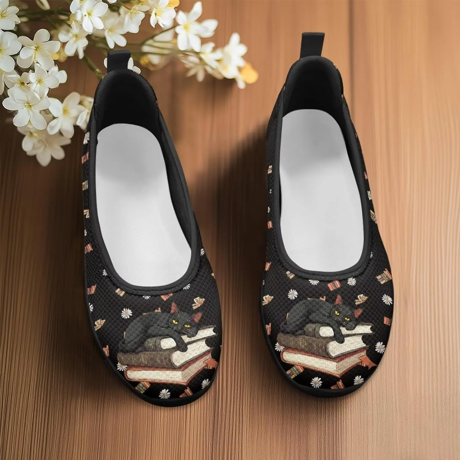 Driving Loafers Cat Print Women Shoes Comfortable Breathable Mesh Sneakers for Walking Running Lightweight Low Cut Tennis Shoe Loafer