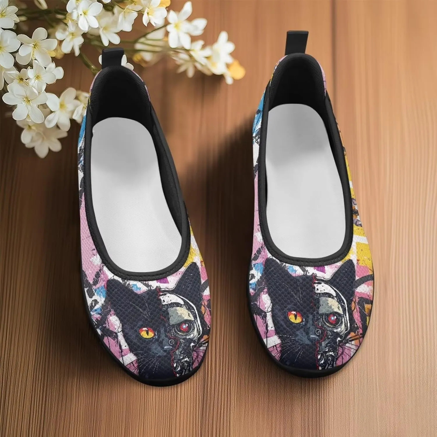 Driving Loafers Cat Print Women Shoes Comfortable Breathable Mesh Sneakers for Walking Running Lightweight Low Cut Tennis Shoe Loafer