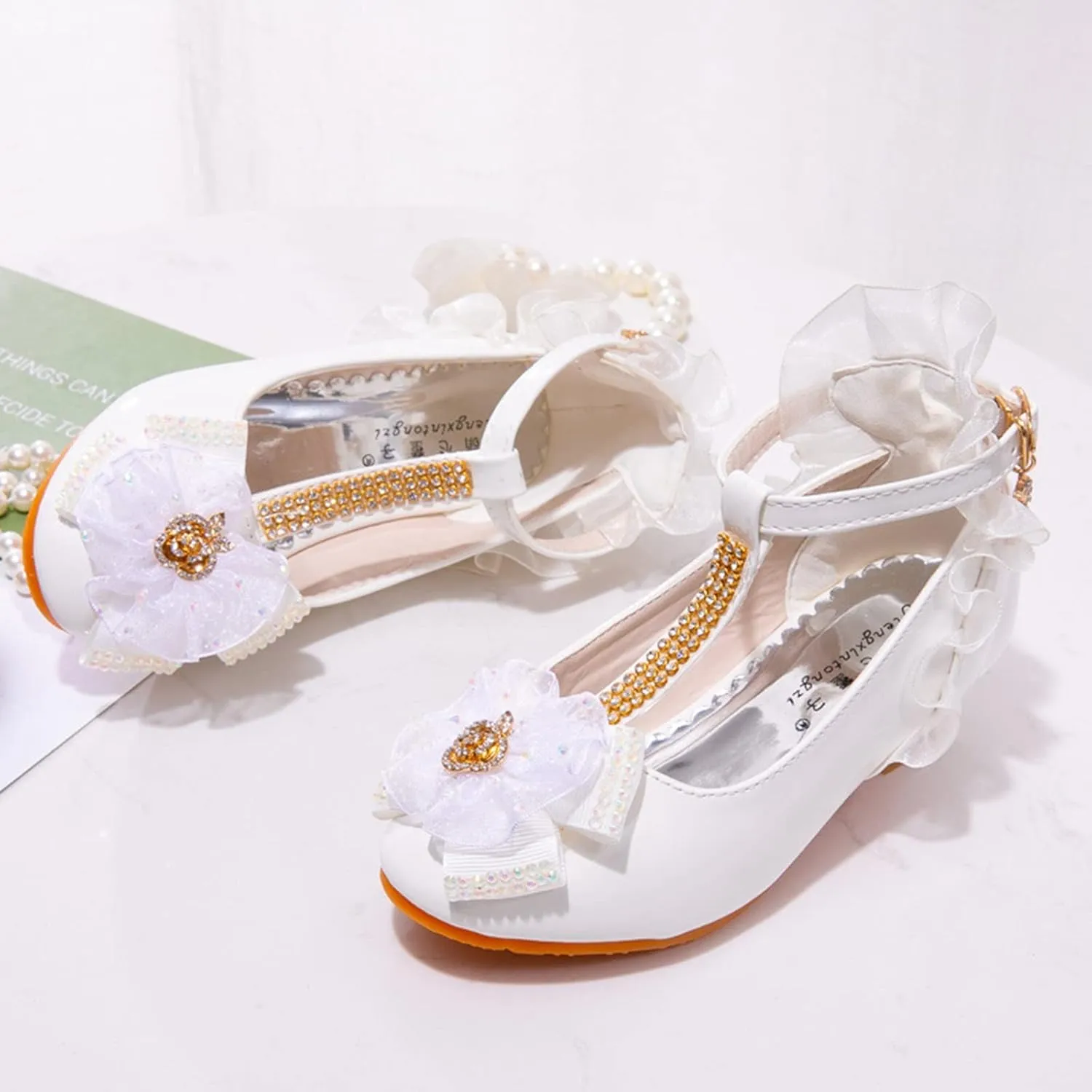 Fashion Dress Sandals for Little Girls Lace Floral Decoration Mid Heel Shiny Diamond Model Catwalk Shoes