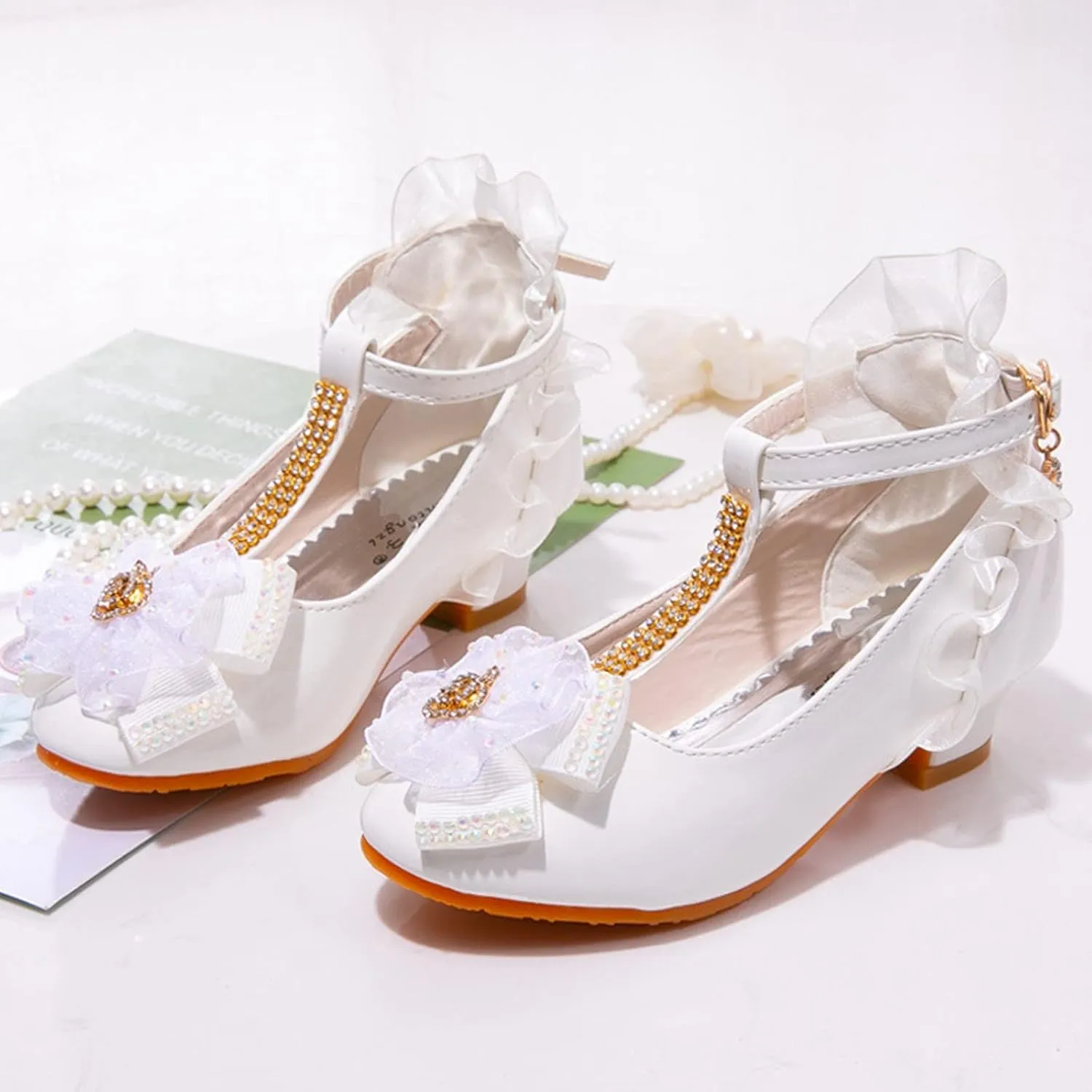 Fashion Dress Sandals for Little Girls Lace Floral Decoration Mid Heel Shiny Diamond Model Catwalk Shoes