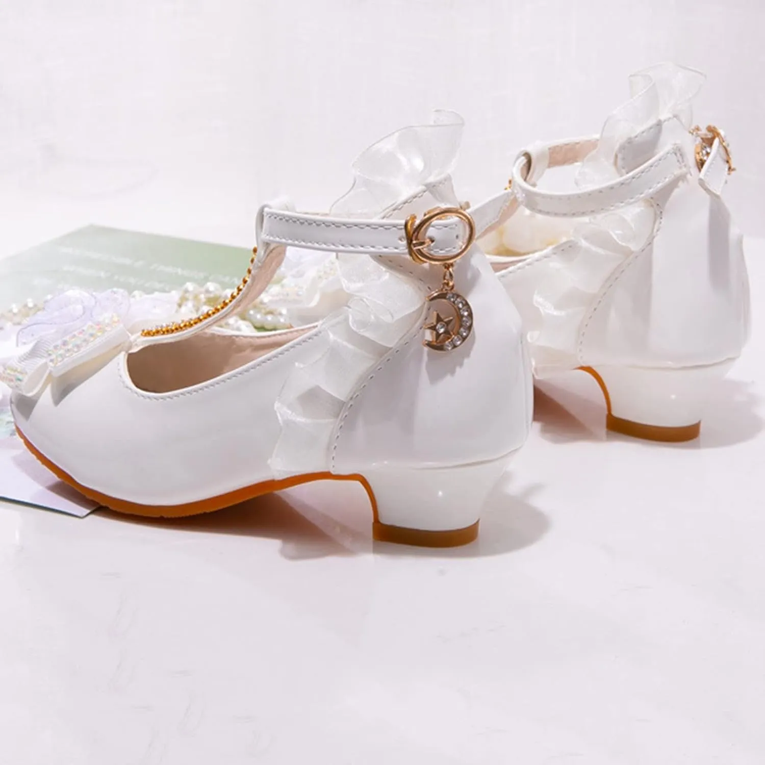 Fashion Dress Sandals for Little Girls Lace Floral Decoration Mid Heel Shiny Diamond Model Catwalk Shoes