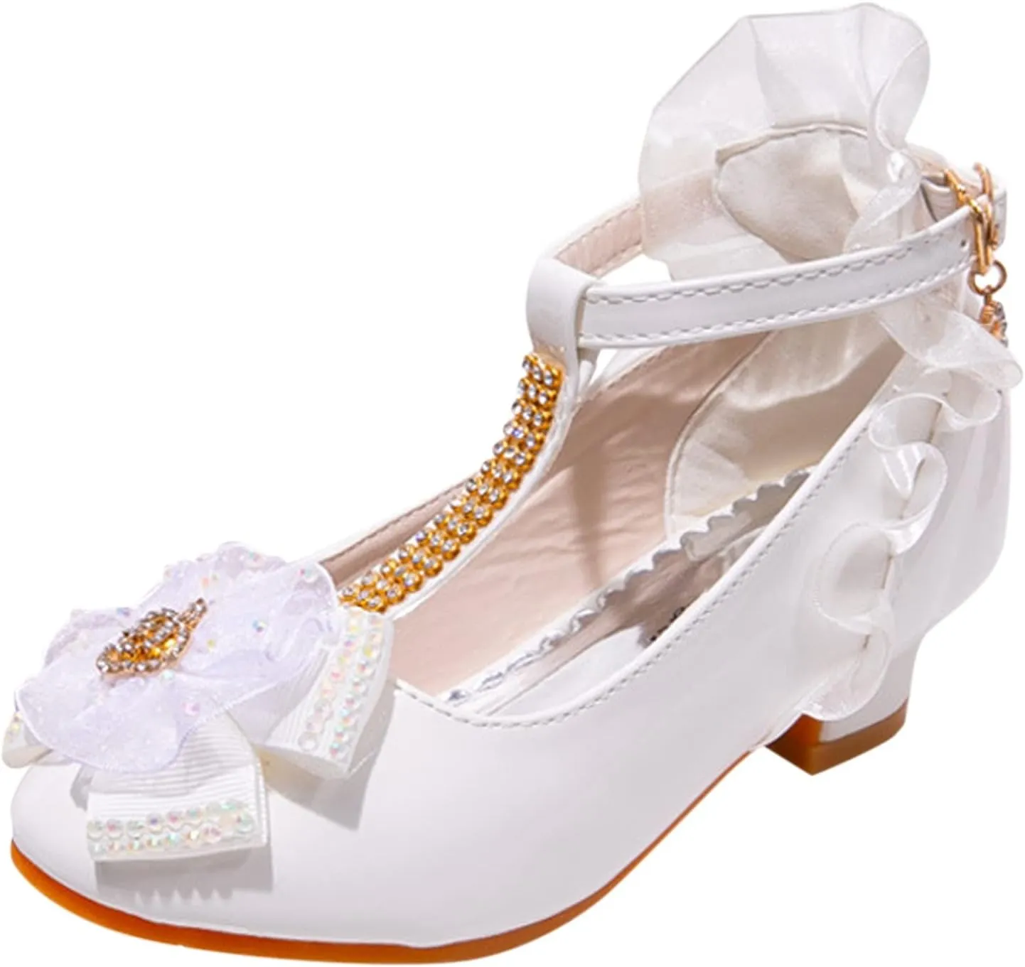 Fashion Dress Sandals for Little Girls Lace Floral Decoration Mid Heel Shiny Diamond Model Catwalk Shoes