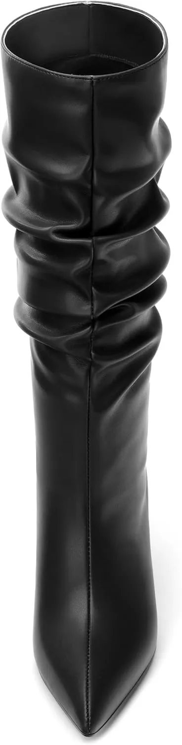 FOGEENA Mid Calf Boots for Women Slouchy Kitten Low Heel Pointed Toe 2.5 Inch Pull on Boots Casual Work Prom Party Fall Shoes