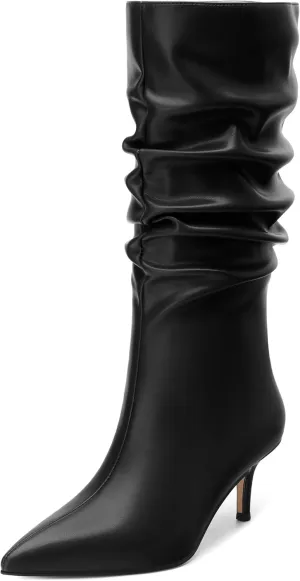 FOGEENA Mid Calf Boots for Women Slouchy Kitten Low Heel Pointed Toe 2.5 Inch Pull on Boots Casual Work Prom Party Fall Shoes