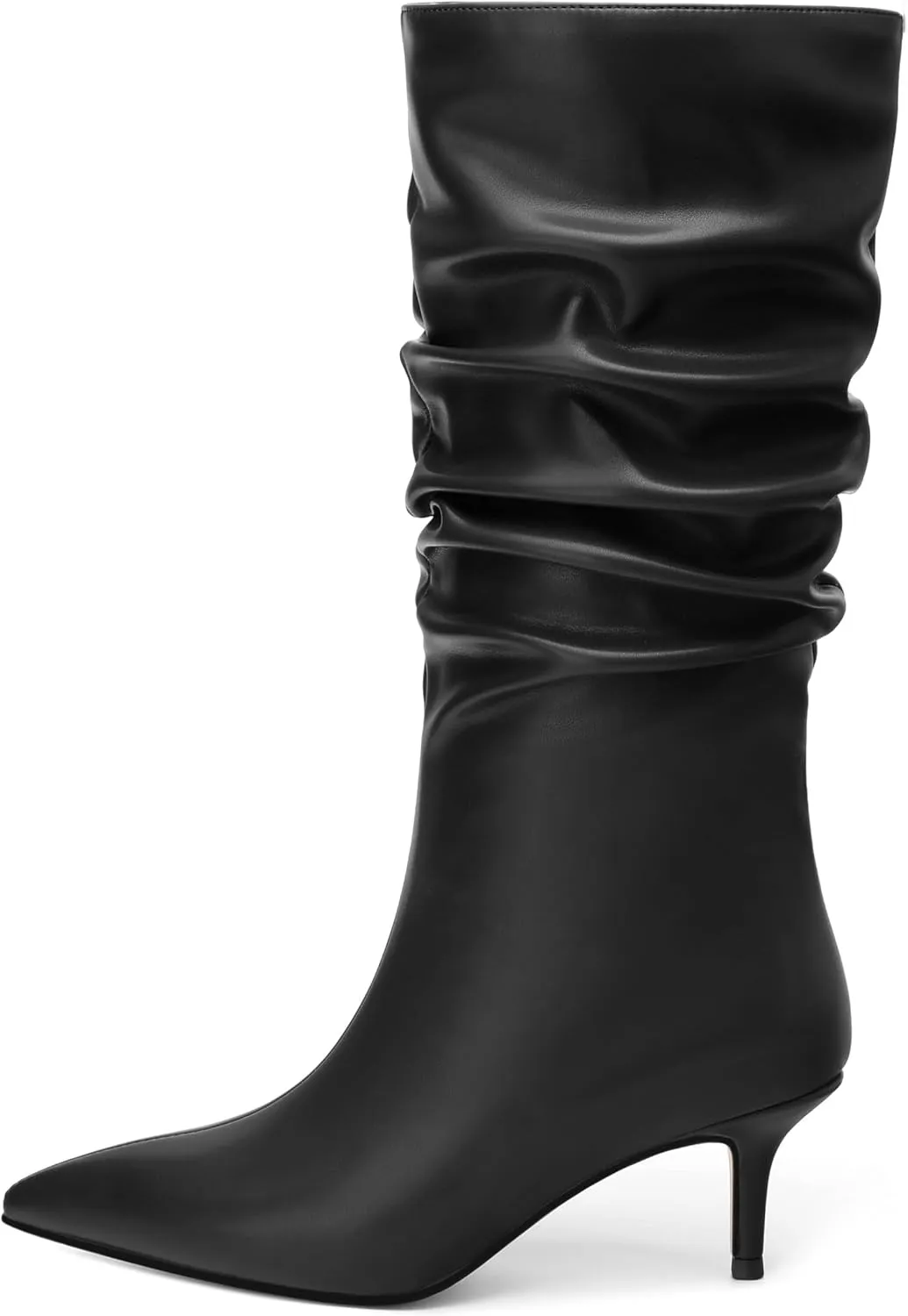 FOGEENA Mid Calf Boots for Women Slouchy Kitten Low Heel Pointed Toe 2.5 Inch Pull on Boots Casual Work Prom Party Fall Shoes