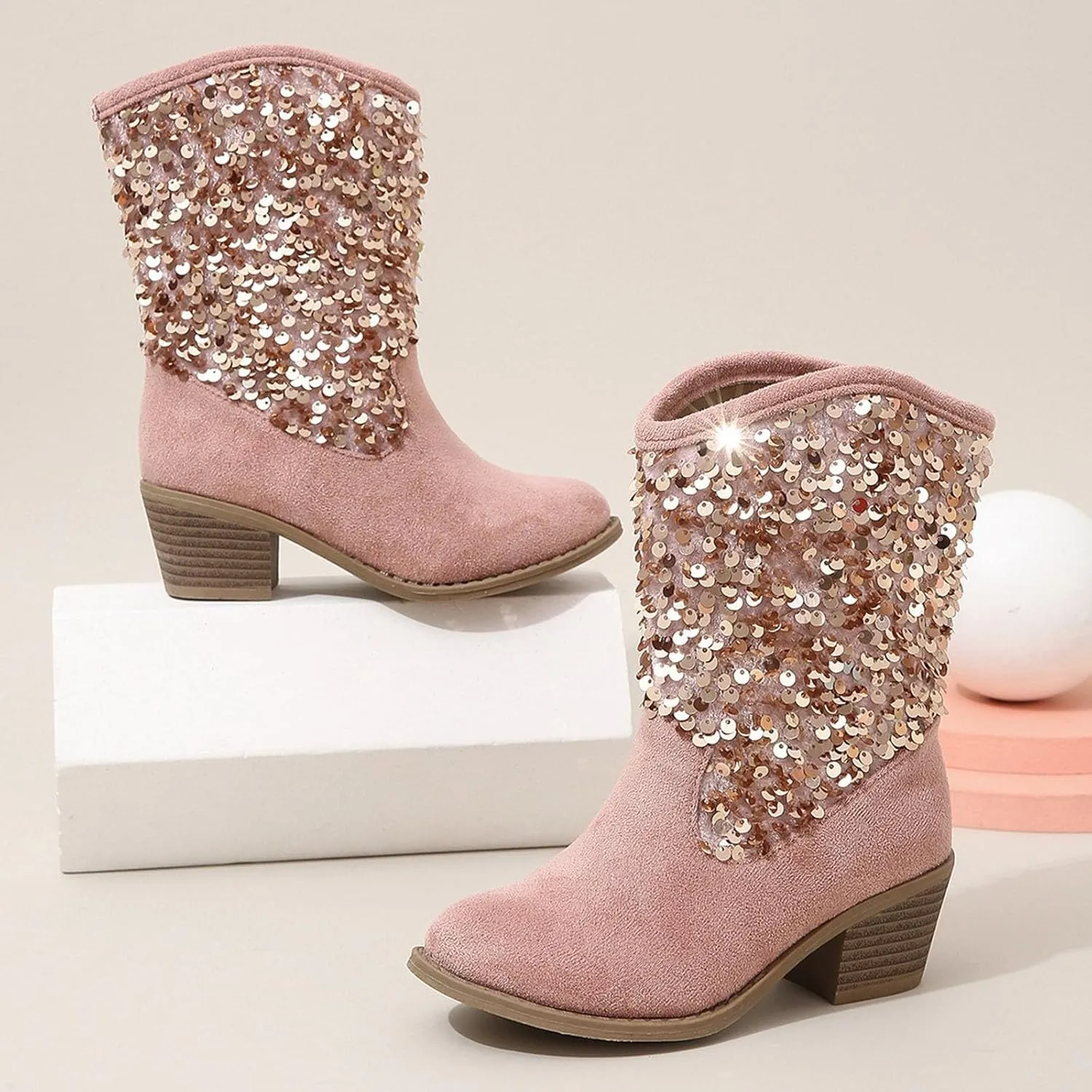 Girls Cowboy Boots Kids Glitter Mid Heel Casual Western Cowgirl Boots Fashion Mid Calf Sparkly Sequins Riding Shoes