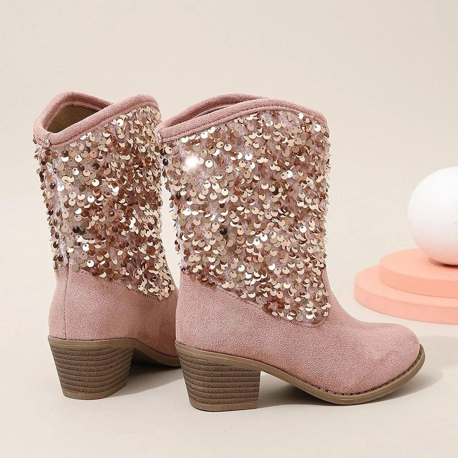 Girls Cowboy Boots Kids Glitter Mid Heel Casual Western Cowgirl Boots Fashion Mid Calf Sparkly Sequins Riding Shoes