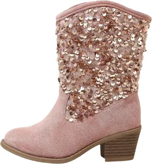 Girls Cowboy Boots Kids Glitter Mid Heel Casual Western Cowgirl Boots Fashion Mid Calf Sparkly Sequins Riding Shoes