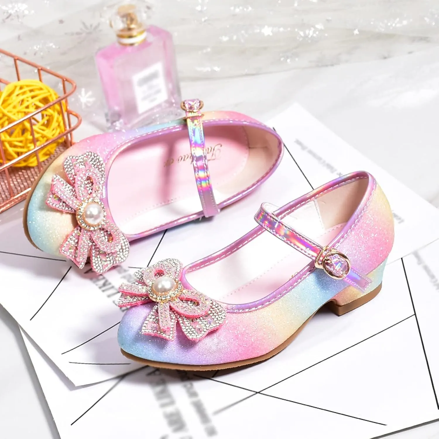Girls Diamond Shiny Sandals Kids Colorful Rainbow Bow Shoes Ankle Strap Flat Dress Footwear with Colorful Bowknot