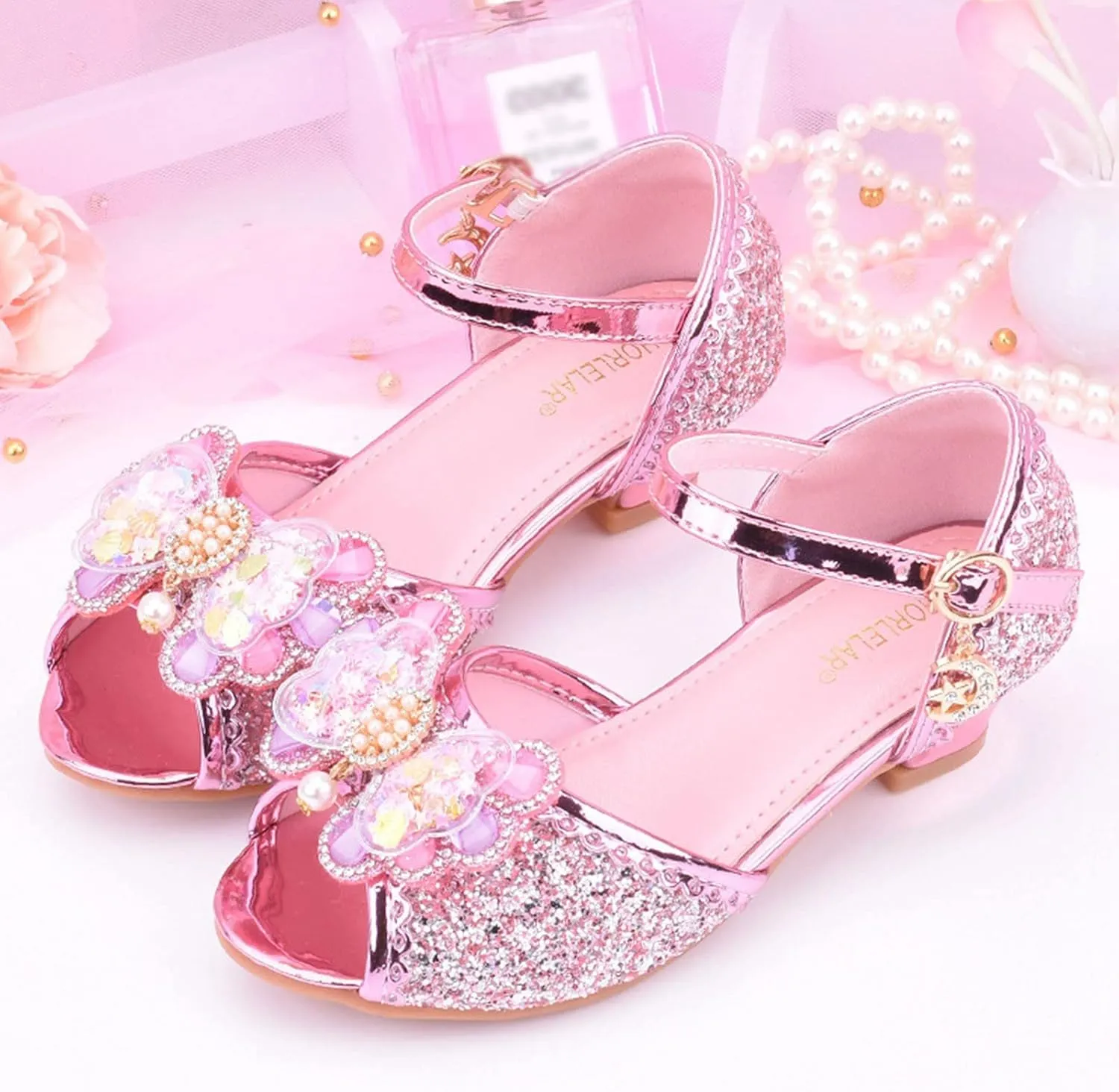 Girls Glitter Butterfly Sandals Low Heels Shiny Dress Shoes with Bow Party Wedding Flower Shoes for Toddler Kids