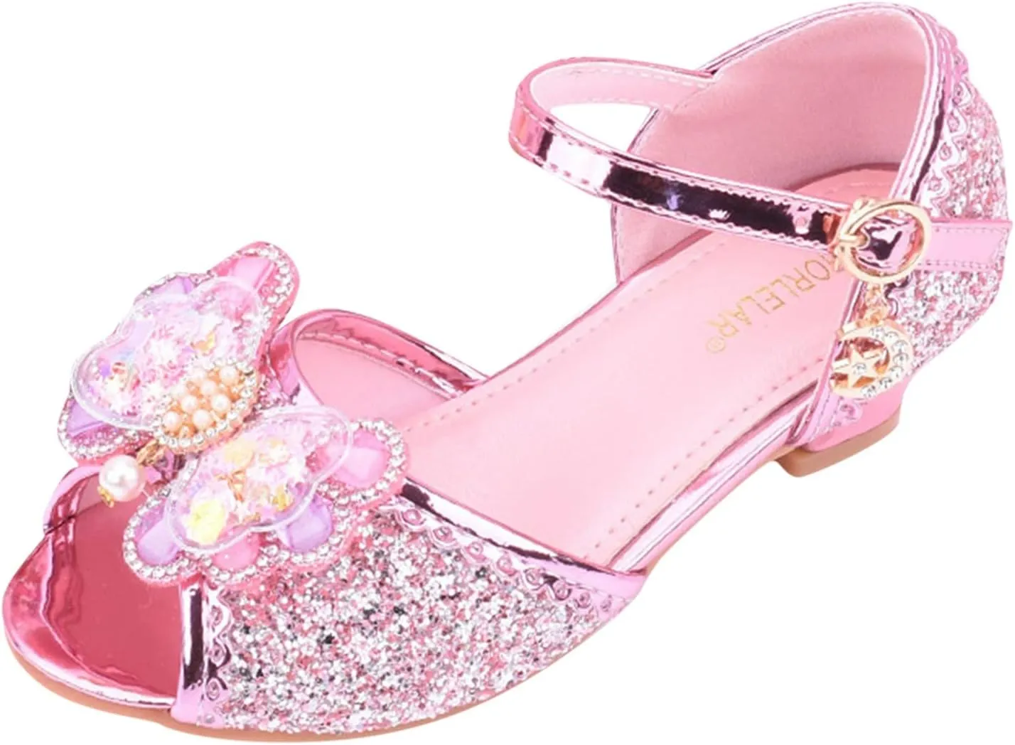 Girls Glitter Butterfly Sandals Low Heels Shiny Dress Shoes with Bow Party Wedding Flower Shoes for Toddler Kids