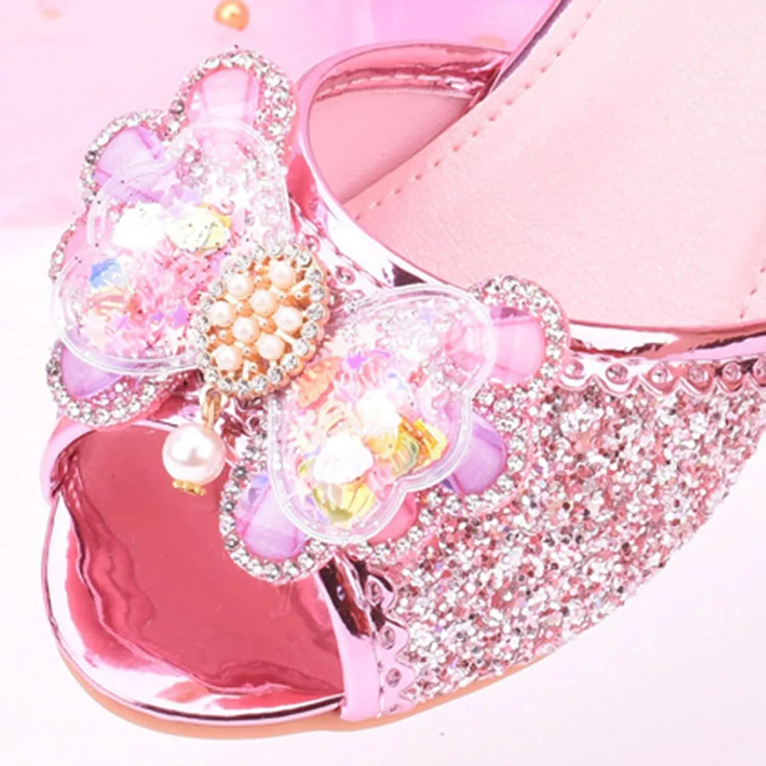 Girls Glitter Butterfly Sandals Low Heels Shiny Dress Shoes with Bow Party Wedding Flower Shoes for Toddler Kids
