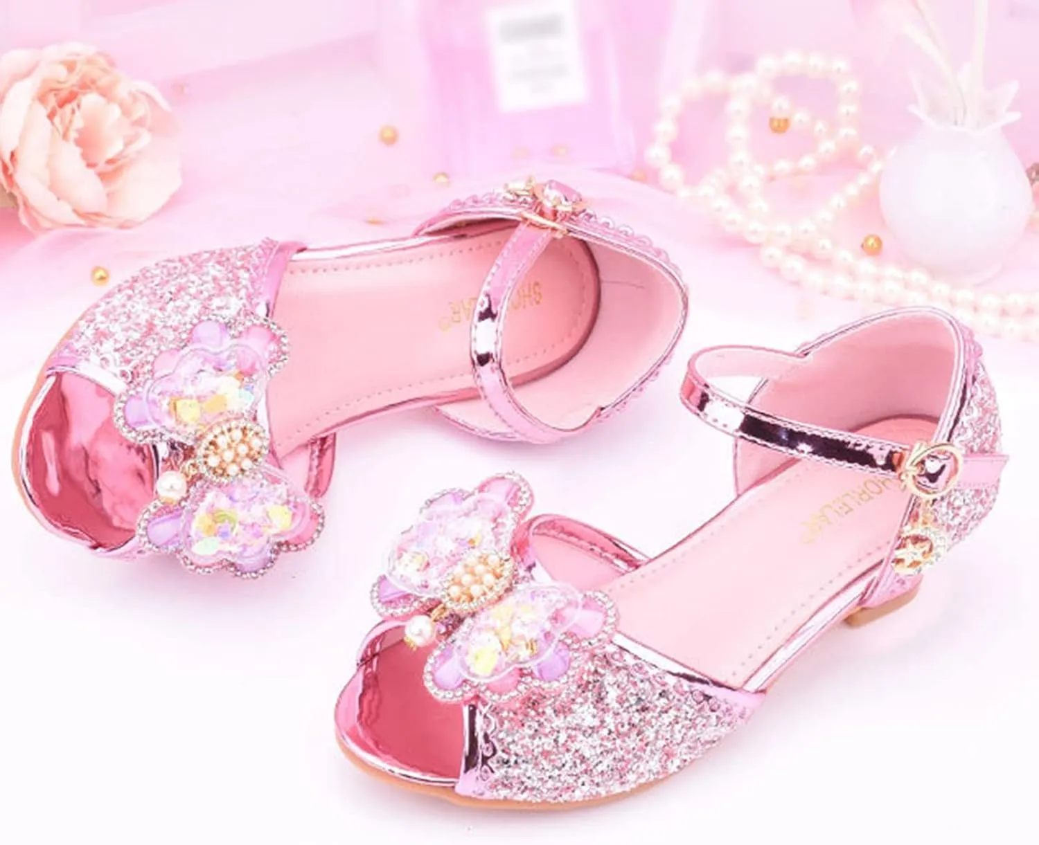 Girls Glitter Butterfly Sandals Low Heels Shiny Dress Shoes with Bow Party Wedding Flower Shoes for Toddler Kids