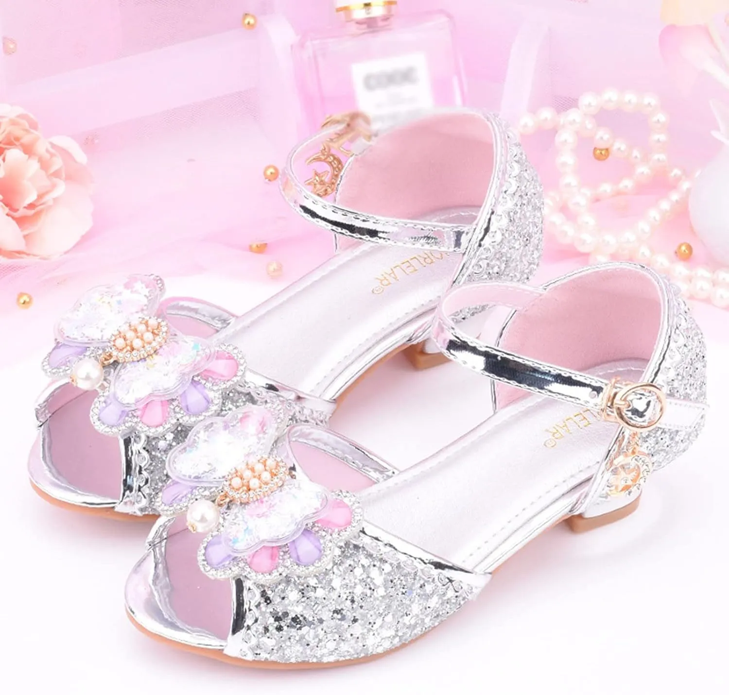 Girls Glitter Sandals Low Heels Shiny Dress Shoes with Bow Party Wedding Flower Girl Shoe for Toddler Baby