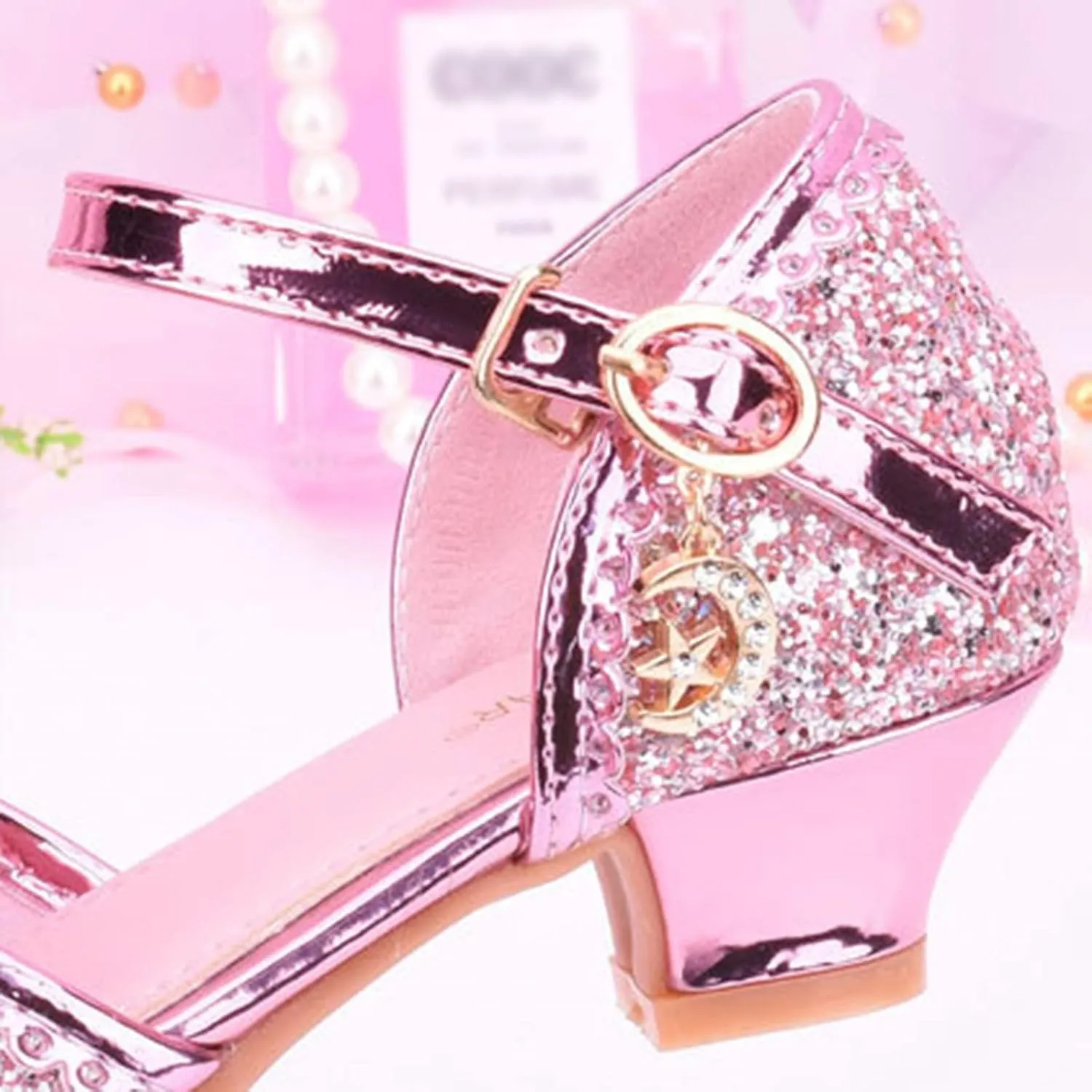Girls Glitter Sandals Low Heels Shiny Dress Shoes with Bow Party Wedding Flower Girl Shoe for Toddler Baby