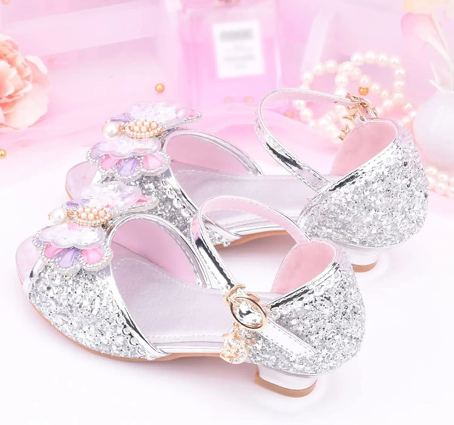 Girls Glitter Sandals Low Heels Shiny Dress Shoes with Bow Party Wedding Flower Girl Shoe for Toddler Baby