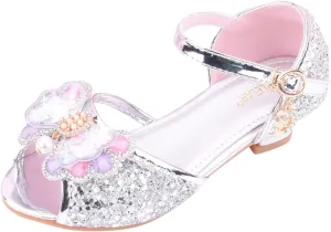 Girls Glitter Sandals Low Heels Shiny Dress Shoes with Bow Party Wedding Flower Girl Shoe for Toddler Baby