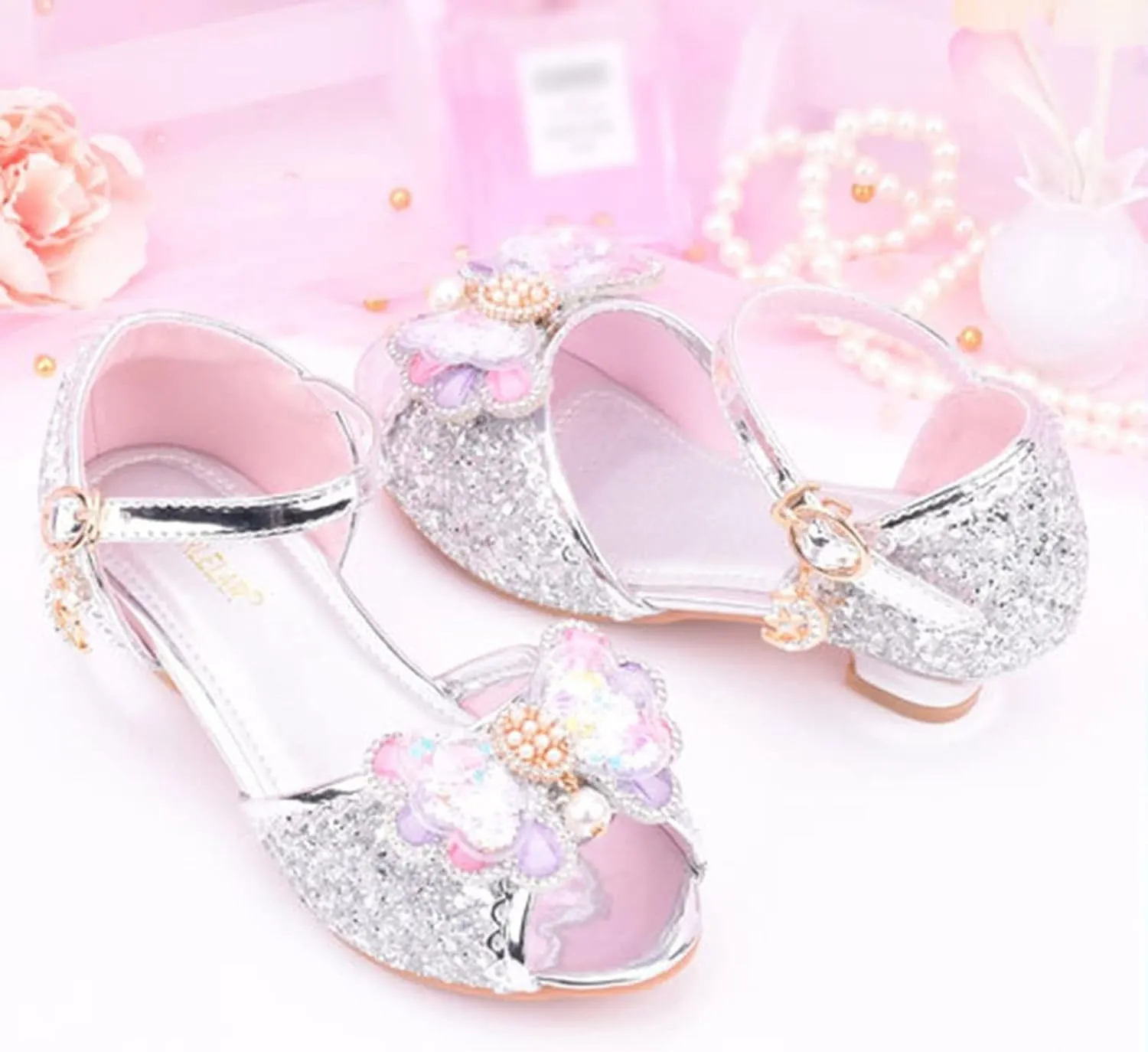 Girls Glitter Sandals Low Heels Shiny Dress Shoes with Bow Party Wedding Flower Girl Shoe for Toddler Baby