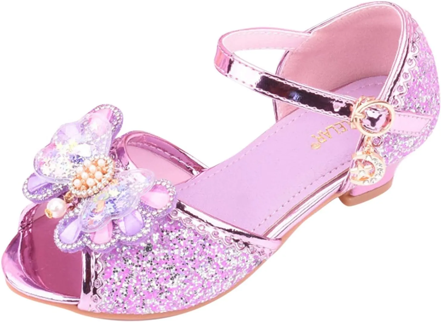 Girls Glitter Sandals Low Heels Shiny Dress Shoes with Bow Party Wedding Flower Girl Shoe for Toddler Kids