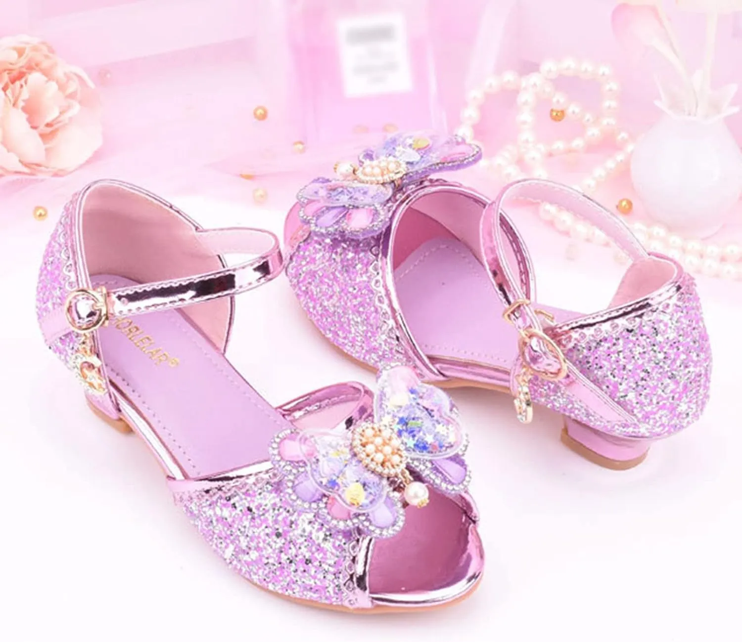 Girls Glitter Sandals Low Heels Shiny Dress Shoes with Bow Party Wedding Flower Girl Shoe for Toddler Kids