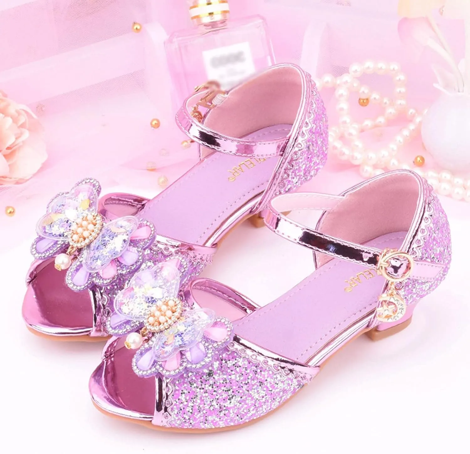 Girls Glitter Sandals Low Heels Shiny Dress Shoes with Bow Party Wedding Flower Girl Shoe for Toddler Kids