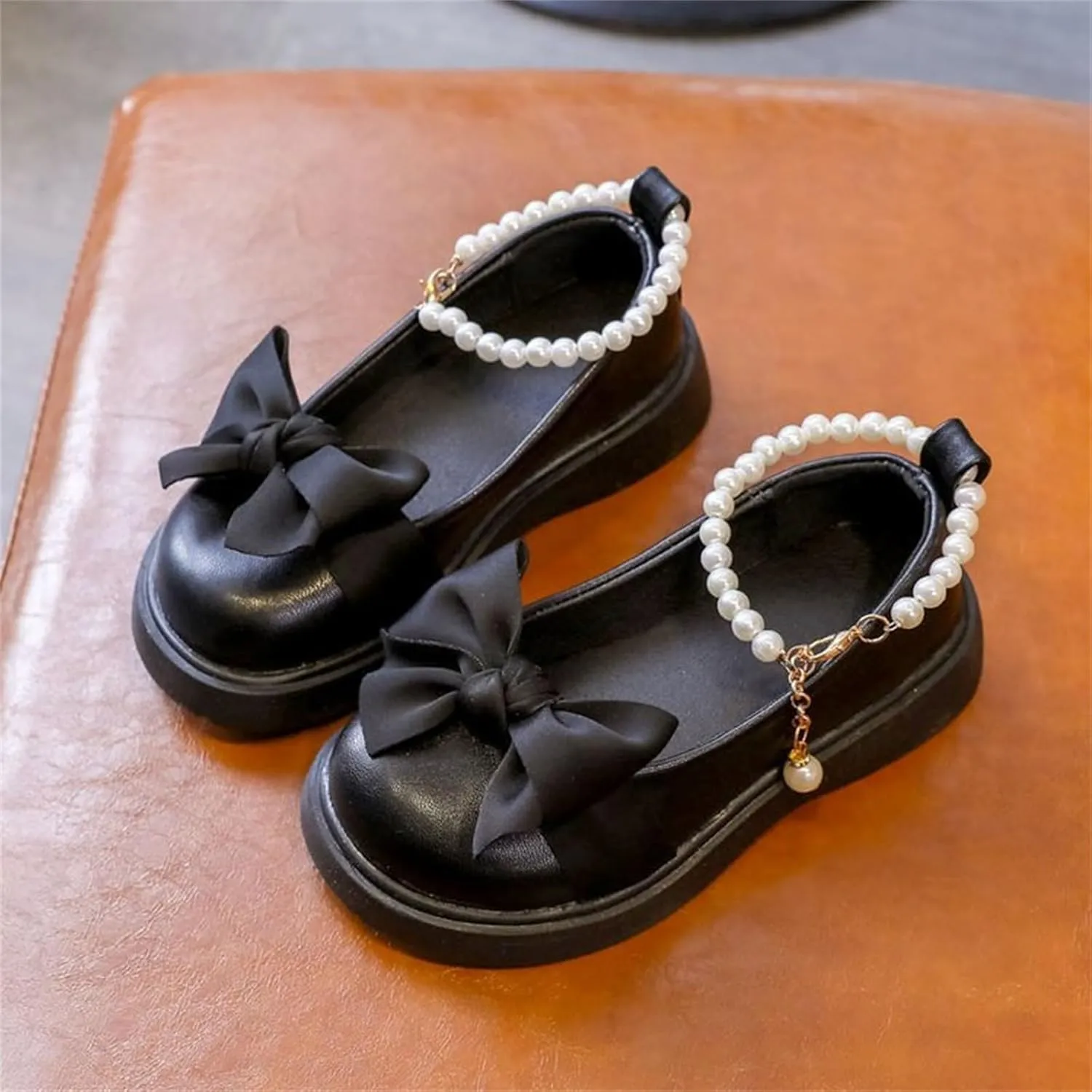 Girls Mary Jane Shoes with Pearls Ankle Strap Toddler Dress Flower Ballet Flat for School Part Wedding Ballerina