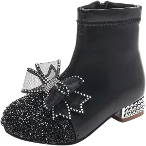 Girls Sandals Leather Shoes For Girls Glitter Ankle Boots Kids Low Heel Dress Booties Fashion Girls Cat Slippers