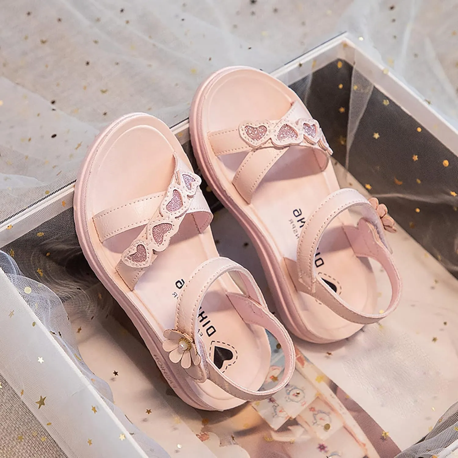 Girls Sandals with Heart Cute Dress Flats Shoes Fashion Party Wedding Princess Soft Bottom Comfortable Sandals