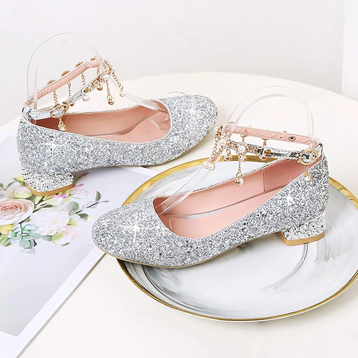 Girls Sparkly Mary Jane Low Heel Dress Shoes Bridesmaids Glitter Shiny Closed Bunny Slippers for Girls Size 13