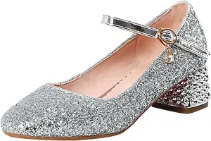 Girls Sparkly Mary Jane Low Heel Dress Shoes Bridesmaids Glitter Shiny Closed Bunny Slippers for Girls Size 13