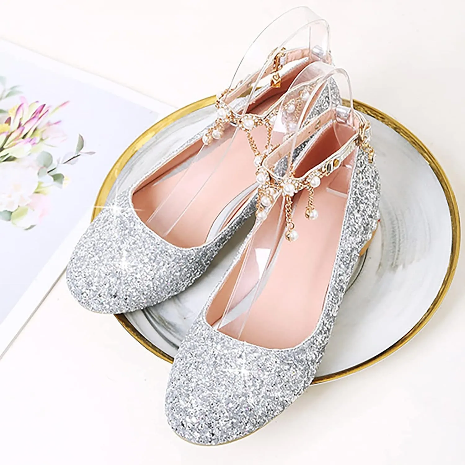 Girls Sparkly Mary Jane Low Heel Dress Shoes Bridesmaids Glitter Shiny Closed Bunny Slippers for Girls Size 13