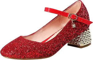 Girls Sparkly Mary Jane Low Heel Dress Shoes Bridesmaids Glitter Shiny Closed Bunny Slippers for Girls Size 13