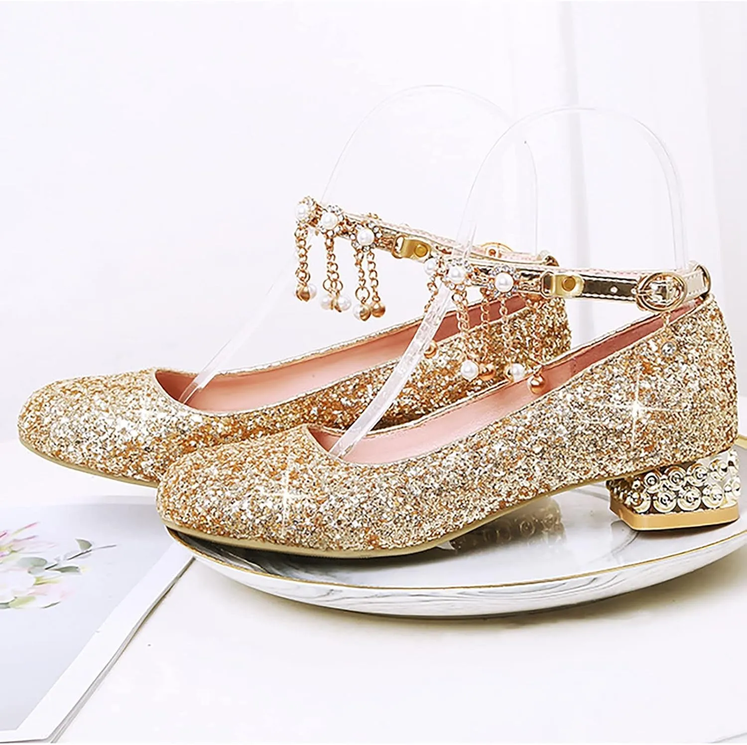 Girls Sparkly Mary Jane Low Heel Dress Shoes Bridesmaids Glitter Shiny Closed Bunny Slippers for Girls Size 13