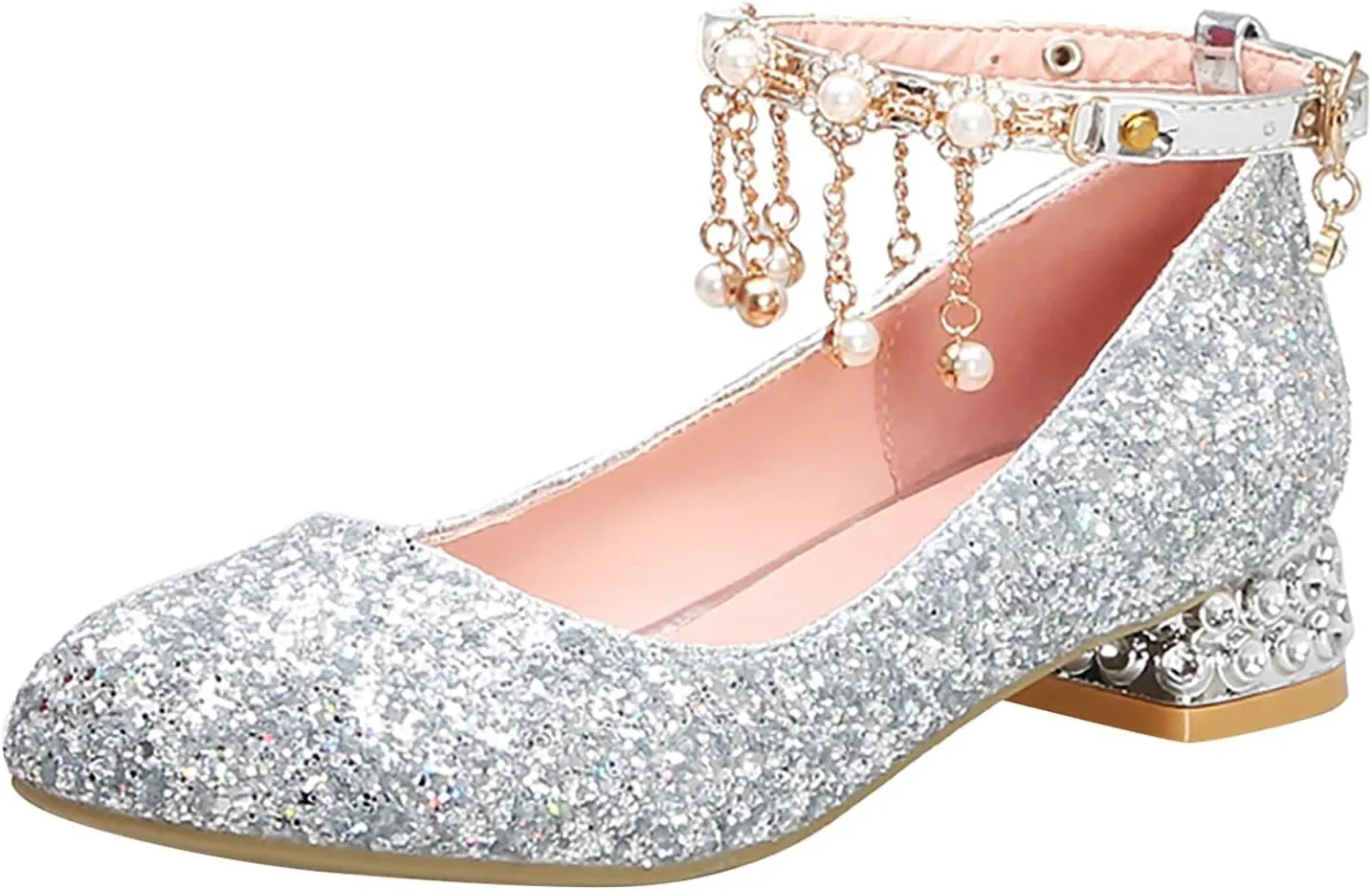 Girls Sparkly Mary Jane Low Heel Dress Shoes Bridesmaids Glitter Shiny Closed Bunny Slippers for Girls Size 13